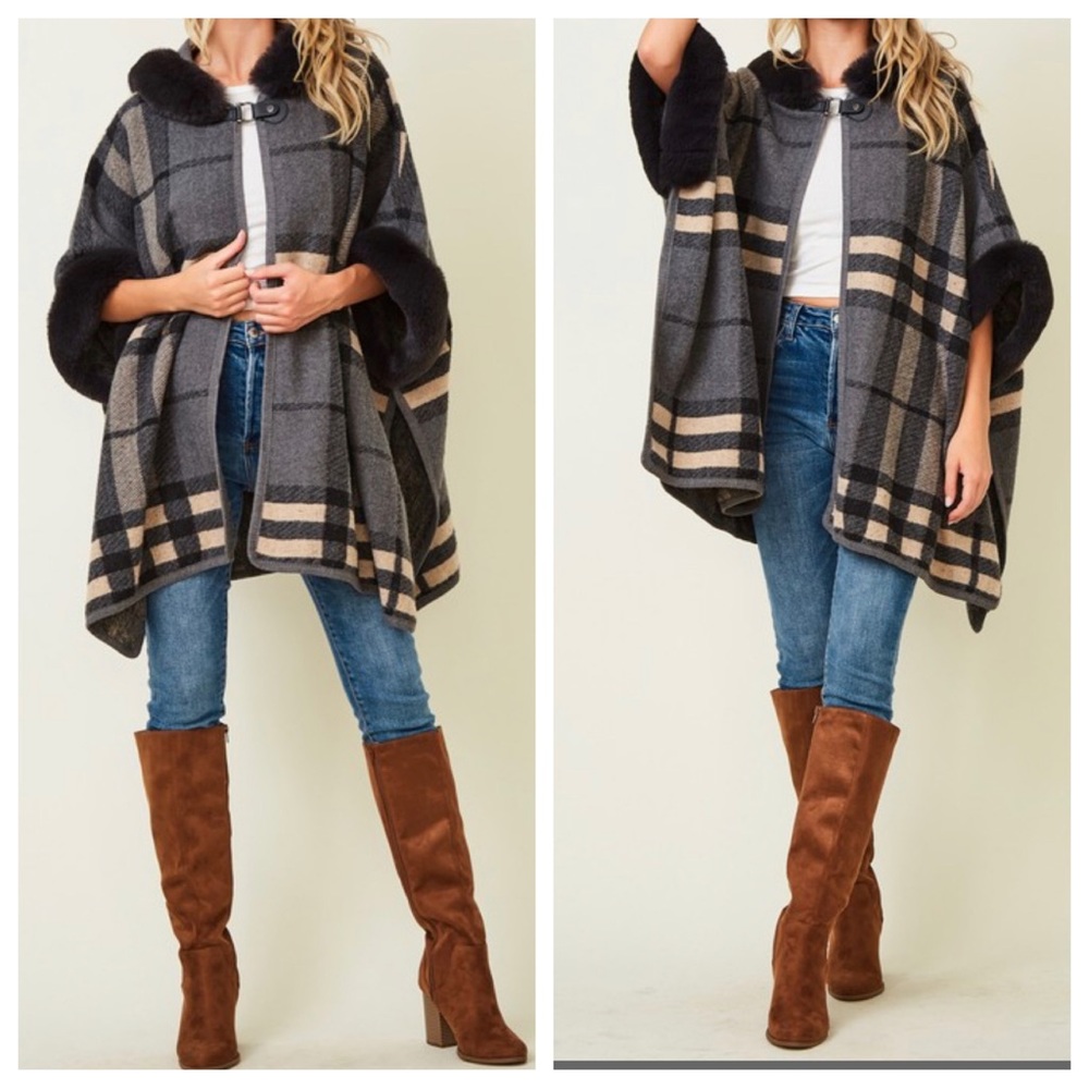 #47 Boho Fabulous Plaid Fur Trim Hooded Oversized Cozy Jacket Poncho - Picture 9 of 11